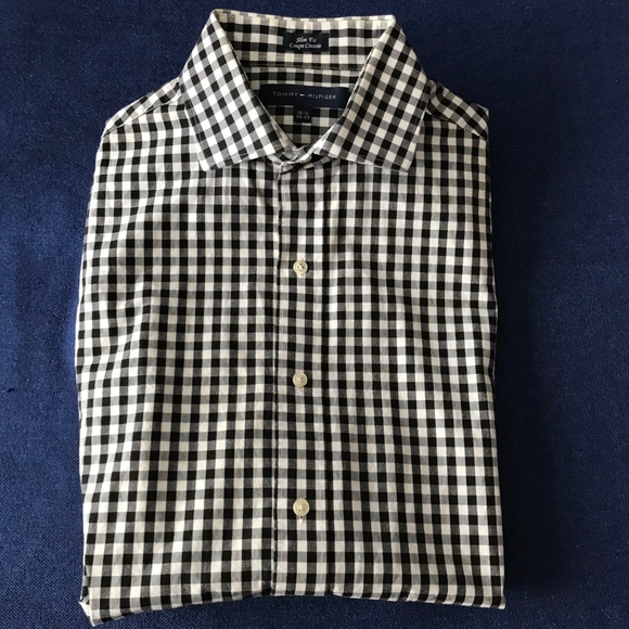 Tommy Hilfiger Dress Shirt 14 1/2 Slim 100% Cotton Black & White Check - Picture 1 of 7